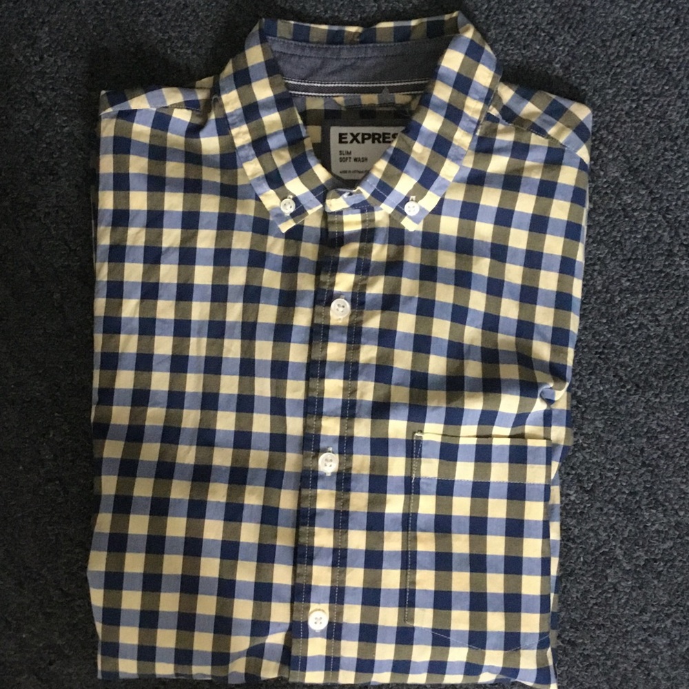 Express Men’s Blue and Yellow Gingham Button-Down Shirt
